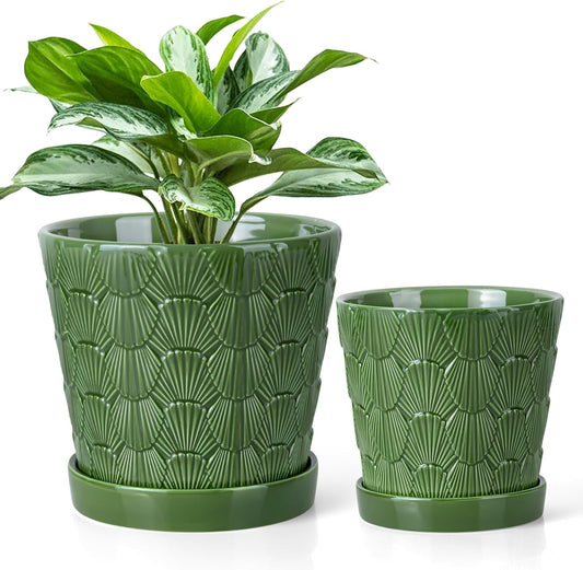 EFISPSS 5+6 Inch Plant Pot, Ceramic Pots for Plants with Drainage, Flower Pots Indoor Pots for Plants, Modern Flower Pots for Home and Office Windowsill Decoration Gift Set of 2 - Patina