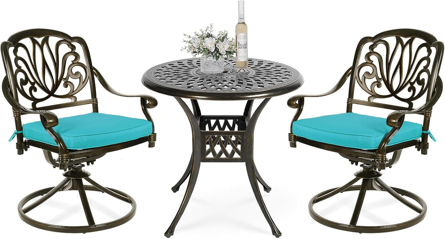 VIVIJASON 3-Piece Patio Furniture Dining Set, Outdoor All-Weather Cast Aluminum Bistro Set, Include 2 Swivel Chairs and 31" Round Table w/Umbrella Hole for Balcony, Lawn, Garden (Ocean Blue Cushion)