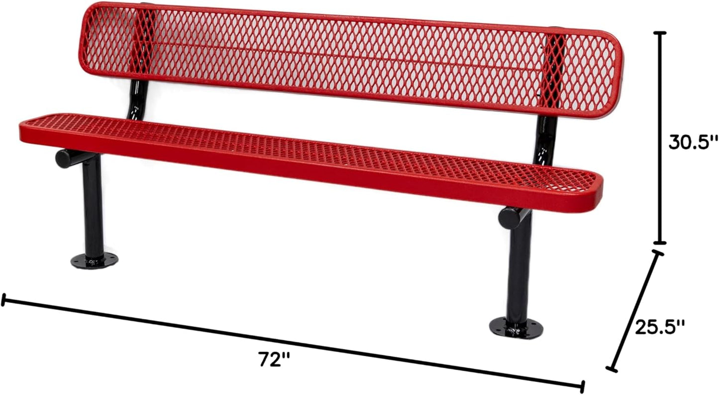 Coated Outdoor Furniture Heavy-Duty Outdoor Bench Thermoplastic Coated, Expanded Metal, Commercial-Grade Seating, Made in America (Surface with Back, 6 Ft, Textured Red)