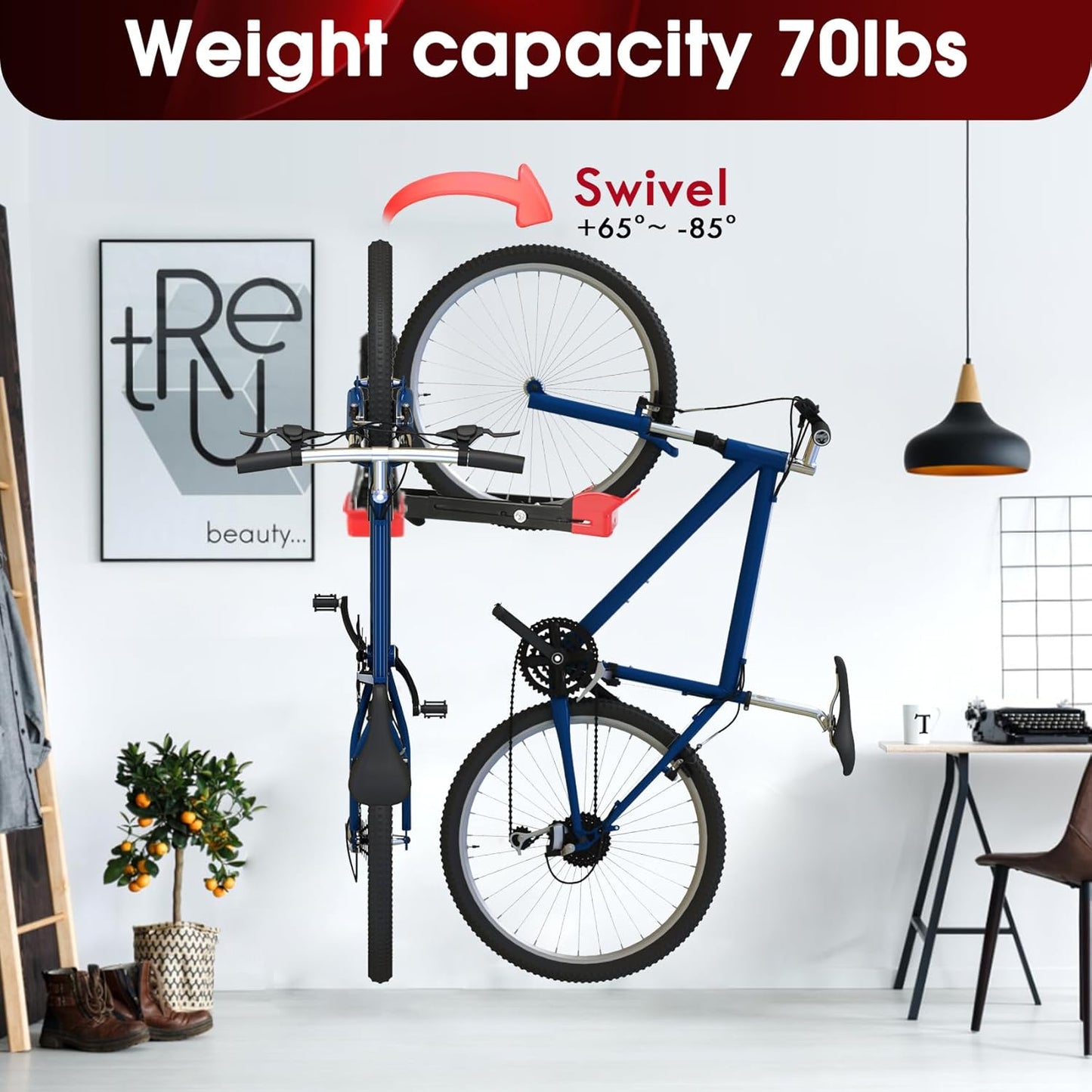 Bike Wall Mount Rack - Heavy-Duty Foldable Vertical Bicycle Storage with Hooks, Space Saving Wall-Mounted Organizer for Mountain/Road/Kids Bikes - Anti-Scratch & Tool-Free Install, Holds 70lbs