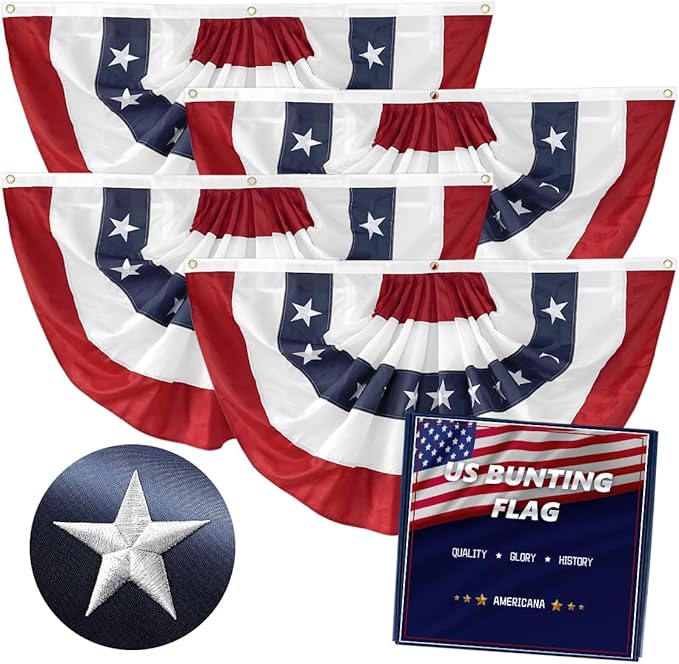4Pack American Bunting Flag 2x4 Ft Patriotic Bunting Flags 4th of July Decor Outside Porch USA Pleated Half Fan Flag Decorate Garden Embroidered Star Red White & Blue Stripe Banner