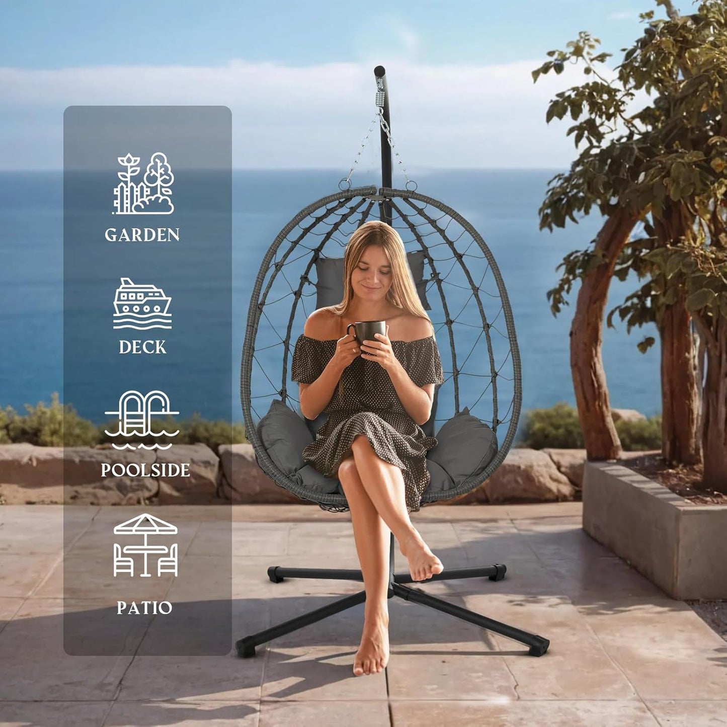 Hanging Egg Chair with Stand Egg Chair Indoor Outdoor, Patio Swing Hammock Egg Chairs, UV Resistant Removable &Washable Thicken Padded Cushions, 350LBS Capacity for Bedroom, Balcony, Garden, Dark Grey