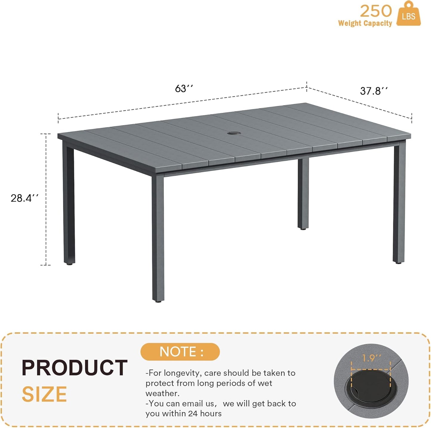 VICLLAX 63" Rectangle Patio Dining Table for 6, Outdoor Dining Table with Umbrella Hole, All Weather 6 Person Metal Patio Table for Lawn Garden, Grey Tabletop