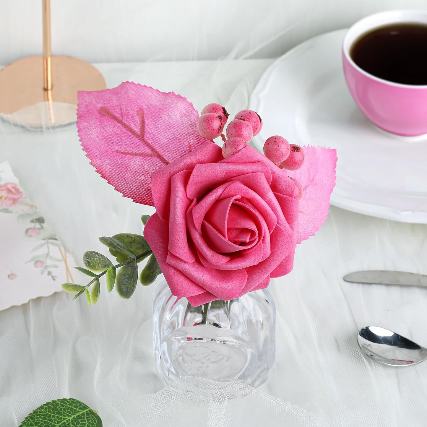 AmyHomie 25pcs Real Looking Artificial Hot Pink Roses w/Stem for DIY Wedding Bouquets Centerpieces Arrangements Party Baby Shower Home Decorations