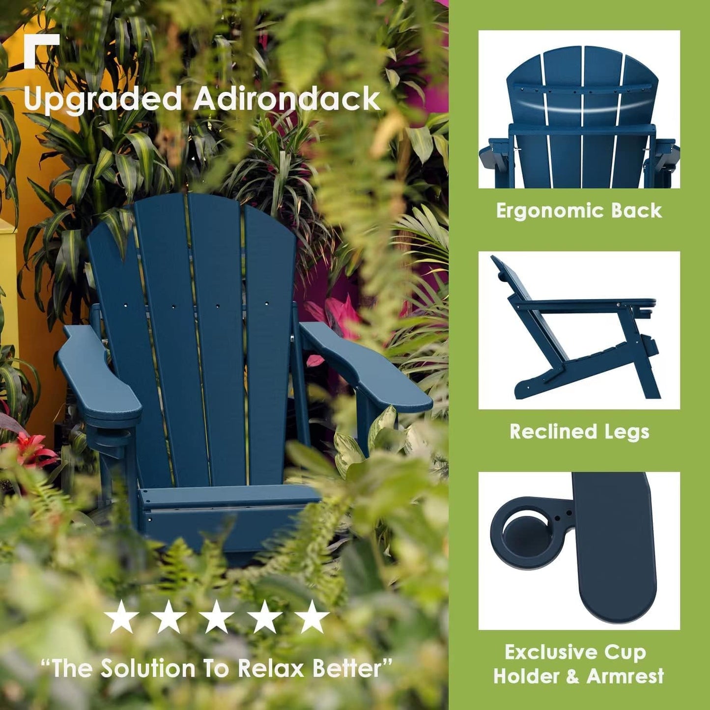 GREENVINES Folding-Adirondack-Chairs-Set-of-4 | HDPE Plastic | Fire Pit Chair | All Weather | Cup Holder | Blue | for Deck Backyard Patio Outdoor Garden