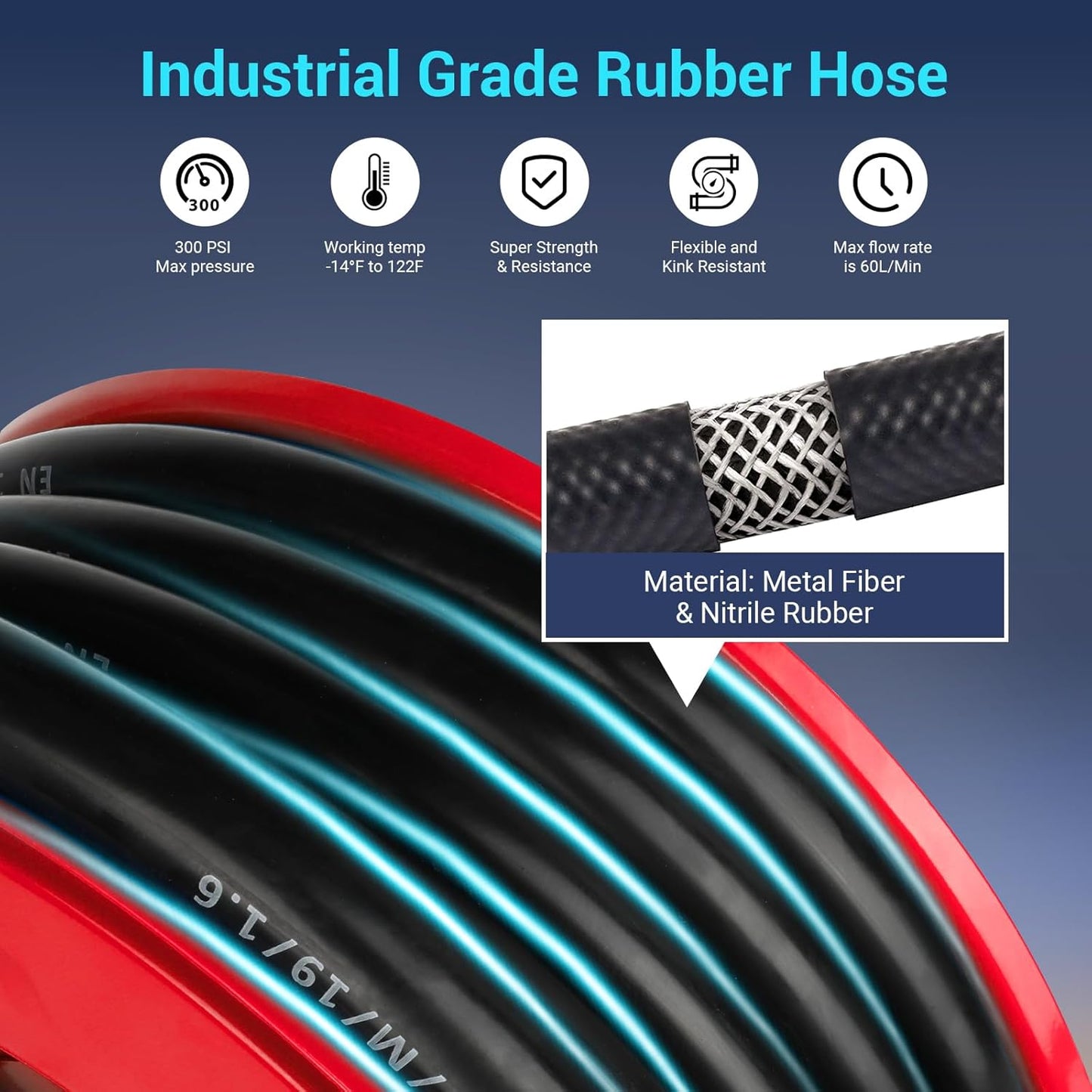 Fuel Hose Reel, 3/4" x 50FT Retractable Diesel Hose Reel, 300 PSI Industrial Heavy Duty Auto Swivel Rewind Hose Holder Reels, for Vehicle Tank Truck Trailer Ship