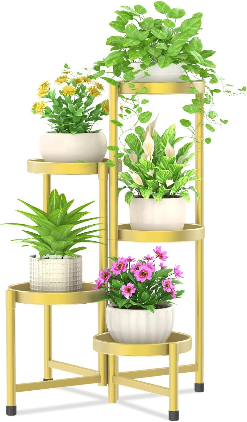 iDavosic.ly Plant Stand Indoor Outdoor, 5 Tier Corner Metal Flower Display Holder Shelf, Folding Tall Orchid Rack for Patio Balcony Porch Garden Living Room House, Gold