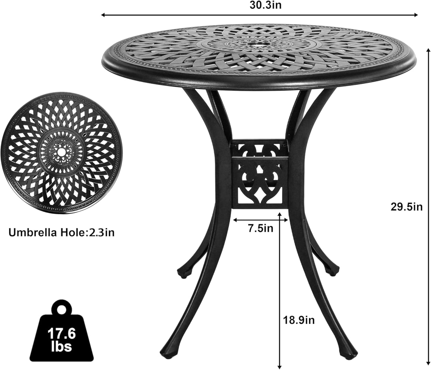 30.3" Patio Bistro Table Cast Aluminum Patio Table,Metal Patio Dining Table with Umbrella Hole,All Weather Outdoor Bistro Dining Table for Backyard, Garden, Balcony, Bronze