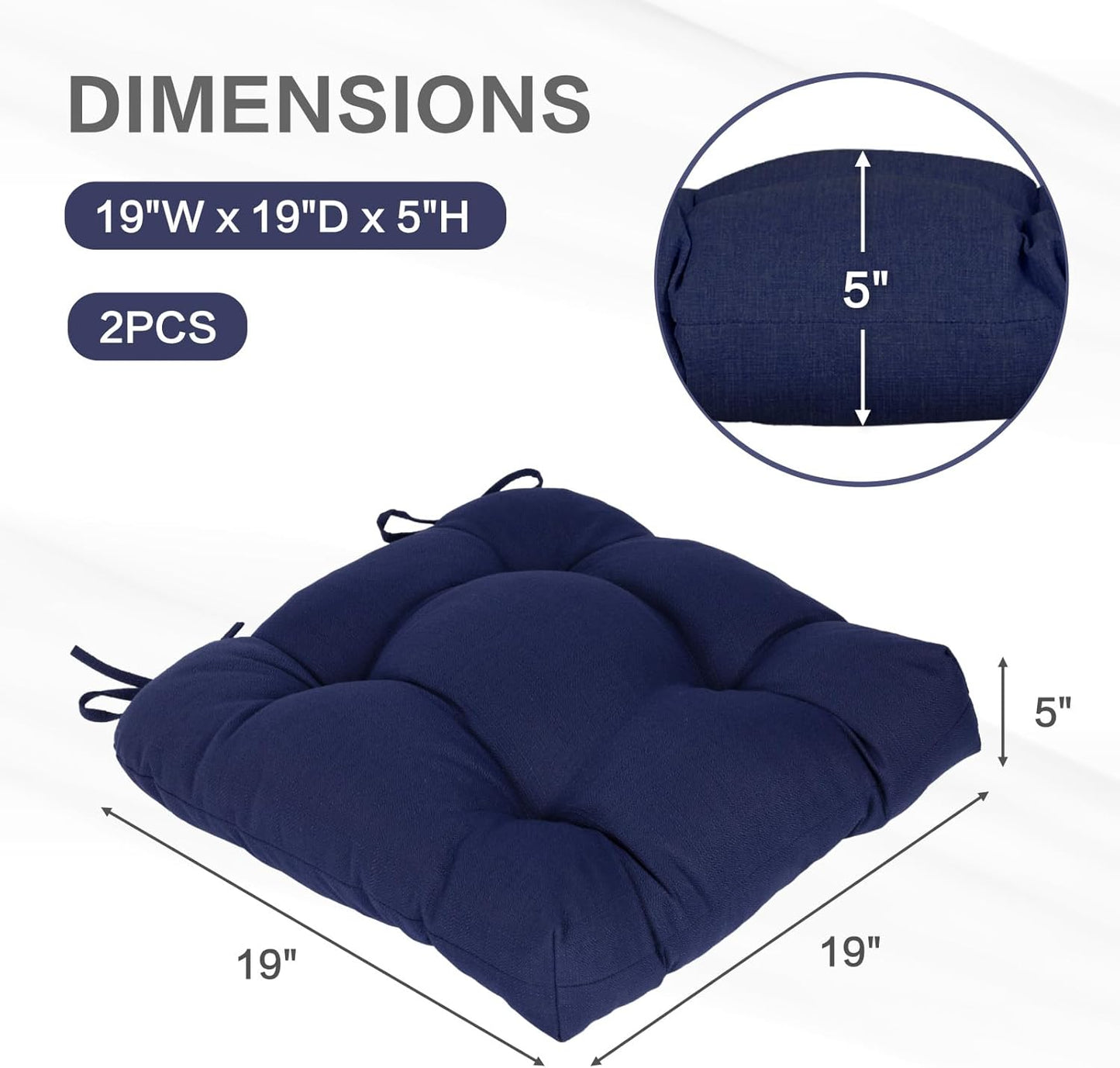 Aoodor 19" x 19" x 5" Tufted Outdoor Chair Cushions, Water Resistant & Fade Resistant Polyester Dining Chair Pads with 2 Straps for Patio Furniture, Set of 2