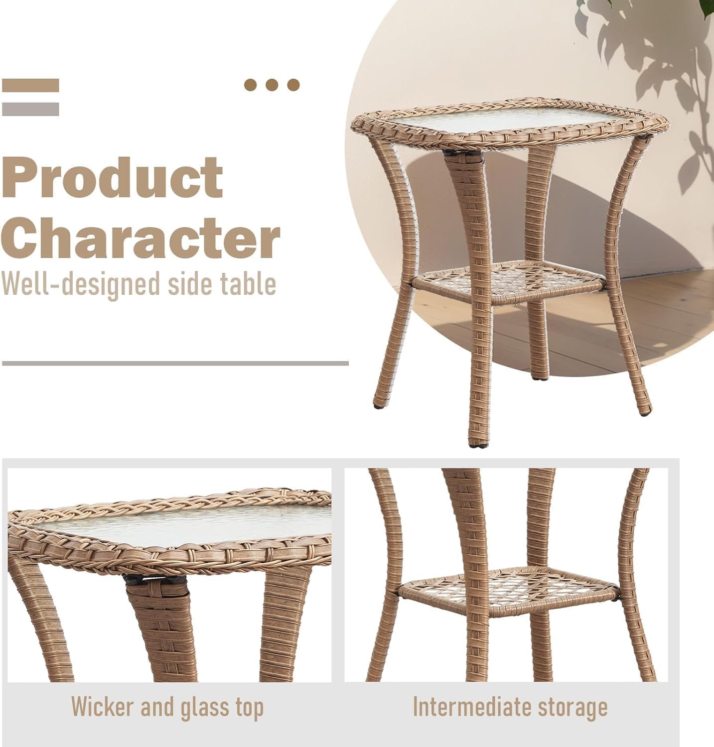Outdoor Side Tables for Patio, Wicker/Rattan End Tables, Outdoor Wicker Side Table, Yellow Rattan Glass Top Patio Side Table