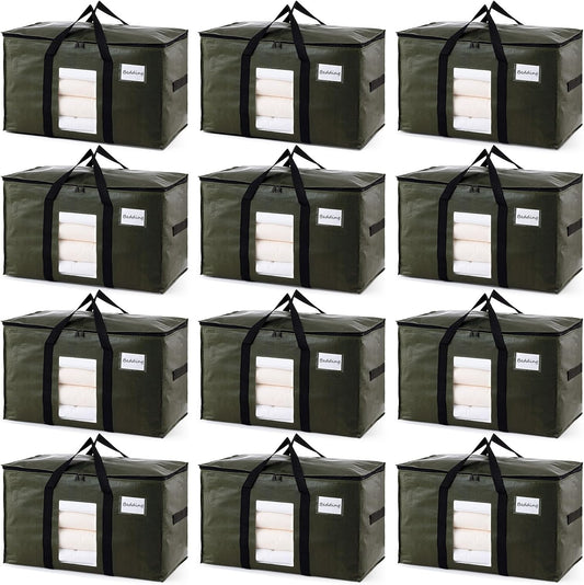 TAILI 12 Pack Green Extra Large Storage Bags, Heavy Duty Totes with Visible Window, Wrap Around Handles, Perfect for Moving and Storage