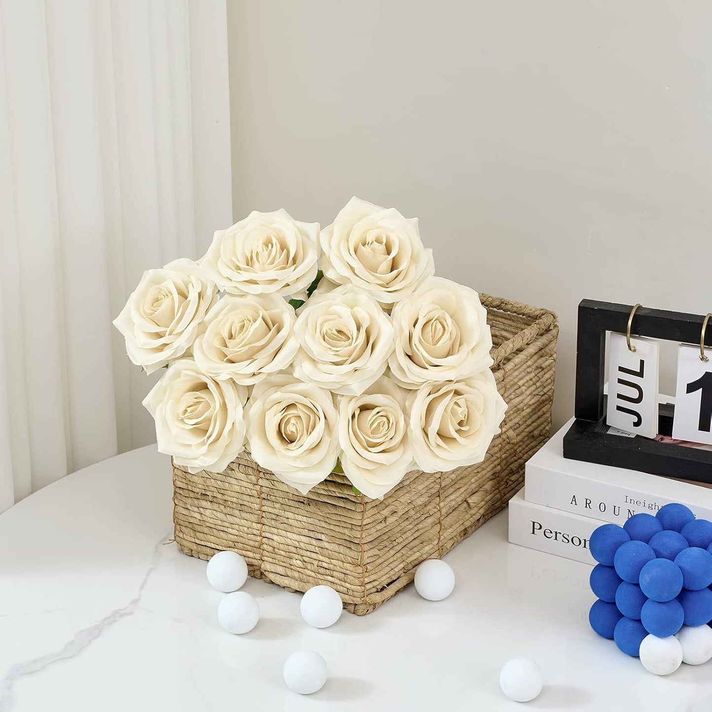 Artificial Rose 10pcs Open Flower Bouquet Faux Rose Stems for Wedding Arrangement, Bridal Bouquet, Centerpiece, Fake Faux Silk Flowers (Beige)