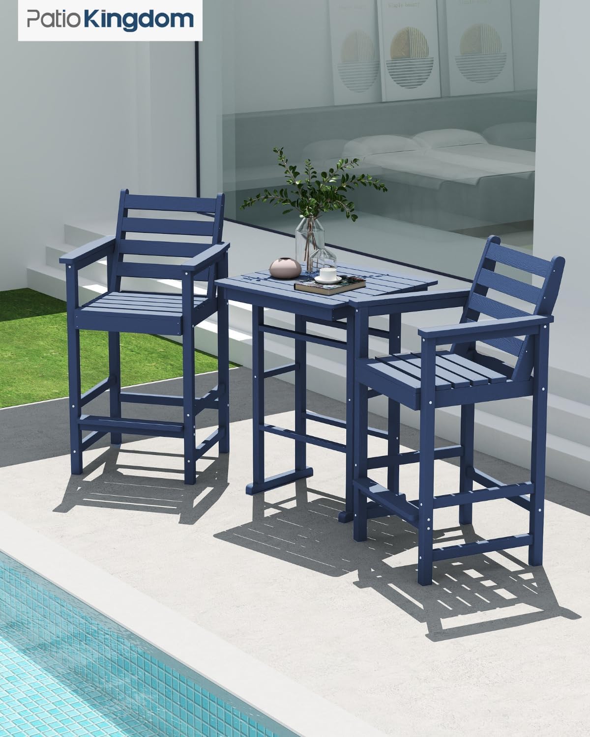3-Piece Outdoor Bar Set with Beige 11FT Cantilever Umbrella, HDPE Tall Balcony Adirondack Chairs and Table, Outdoor Bar Stools for Patio (Navy Blue)