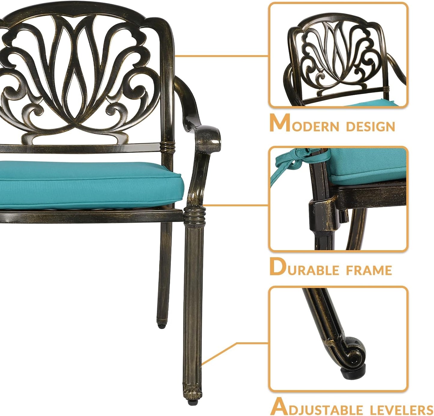 3-Piece Outdoor Patio Dining Set, All-Weather Cast Aluminum Patio Furniture Set for Backyard Garden Deck with 2 Cushioned Chairs and 31” Round Table, 2" Umbrella Hole, Ocean Blue