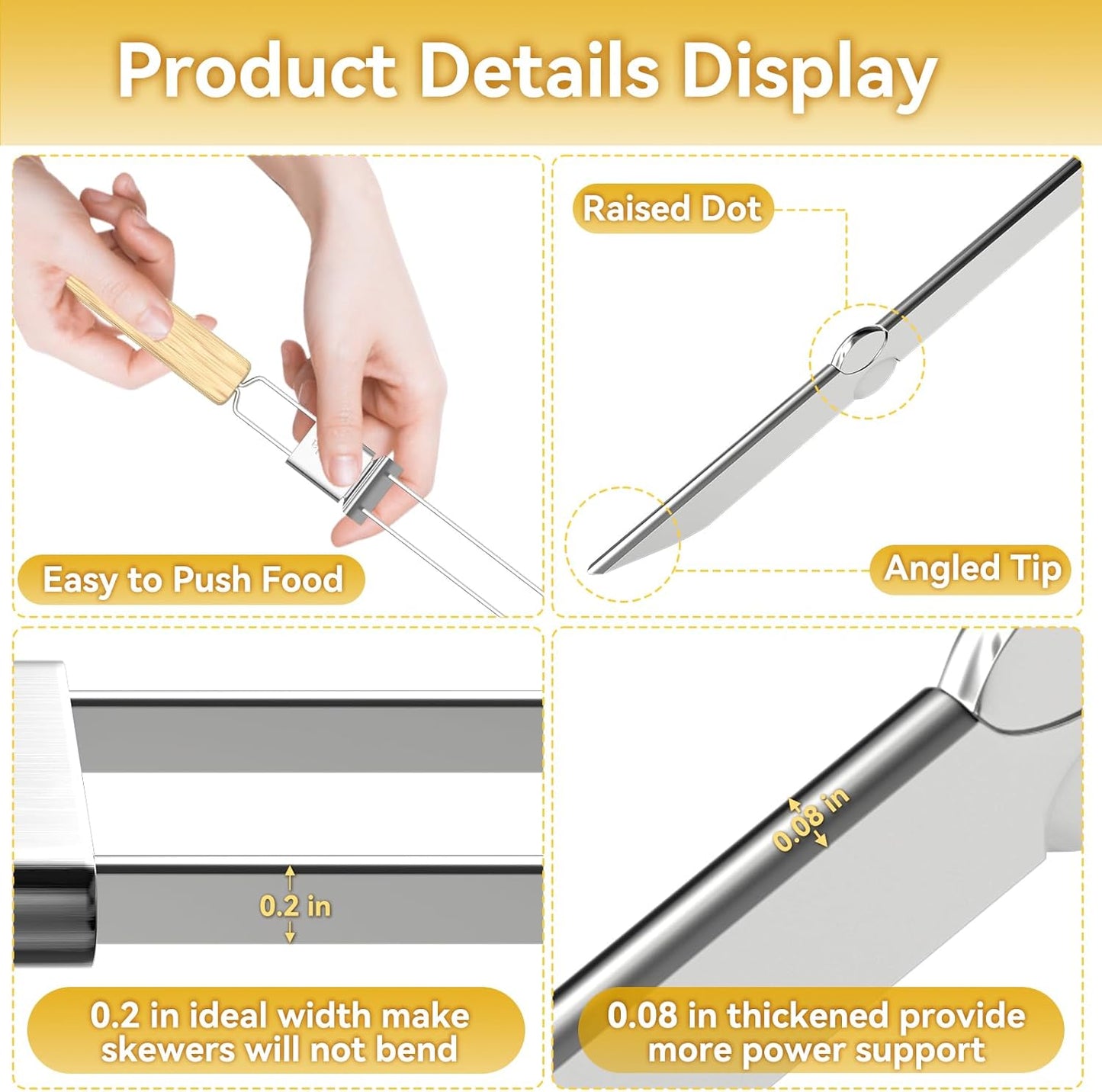 Skewers for Grilling, 17" (6 Pcs) Wooden Handle Double Pronged Stainless Steel Flat Kabob Skewers with Push Bar, Reusable Long Metal Skewer Sticks for Meat Chicken Vegetable, BBQ Accessories