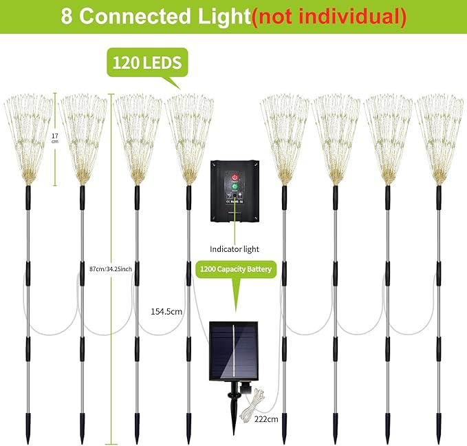 Solar Garden Firework Lights Outdoor 8 Pack, 8 Modes, 120 LED Waterproof Copper Wire DIY Solar Decorative Lights with Remote Control, for Yard Pathway Party Decor
