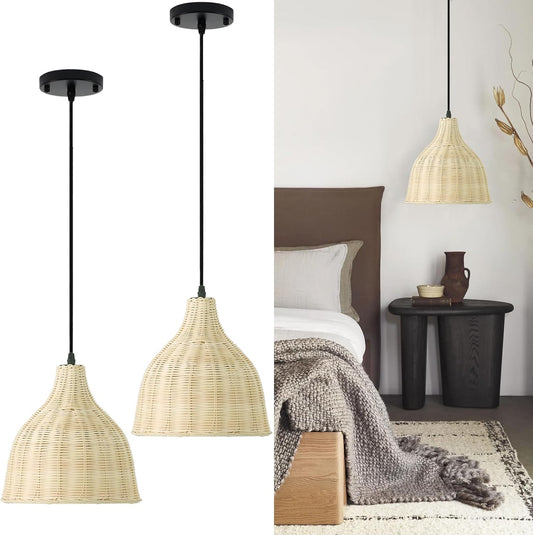 TERLEENART Hard Wired Rattan Pendant Lights Set of 2,Boho Wicker Chandelier with 9.84” Dome Shade, Basket Hand Woven Hanging Lamp for Coastal Kitchen Island Dining Room Living Room Bar Foyer Hallway
