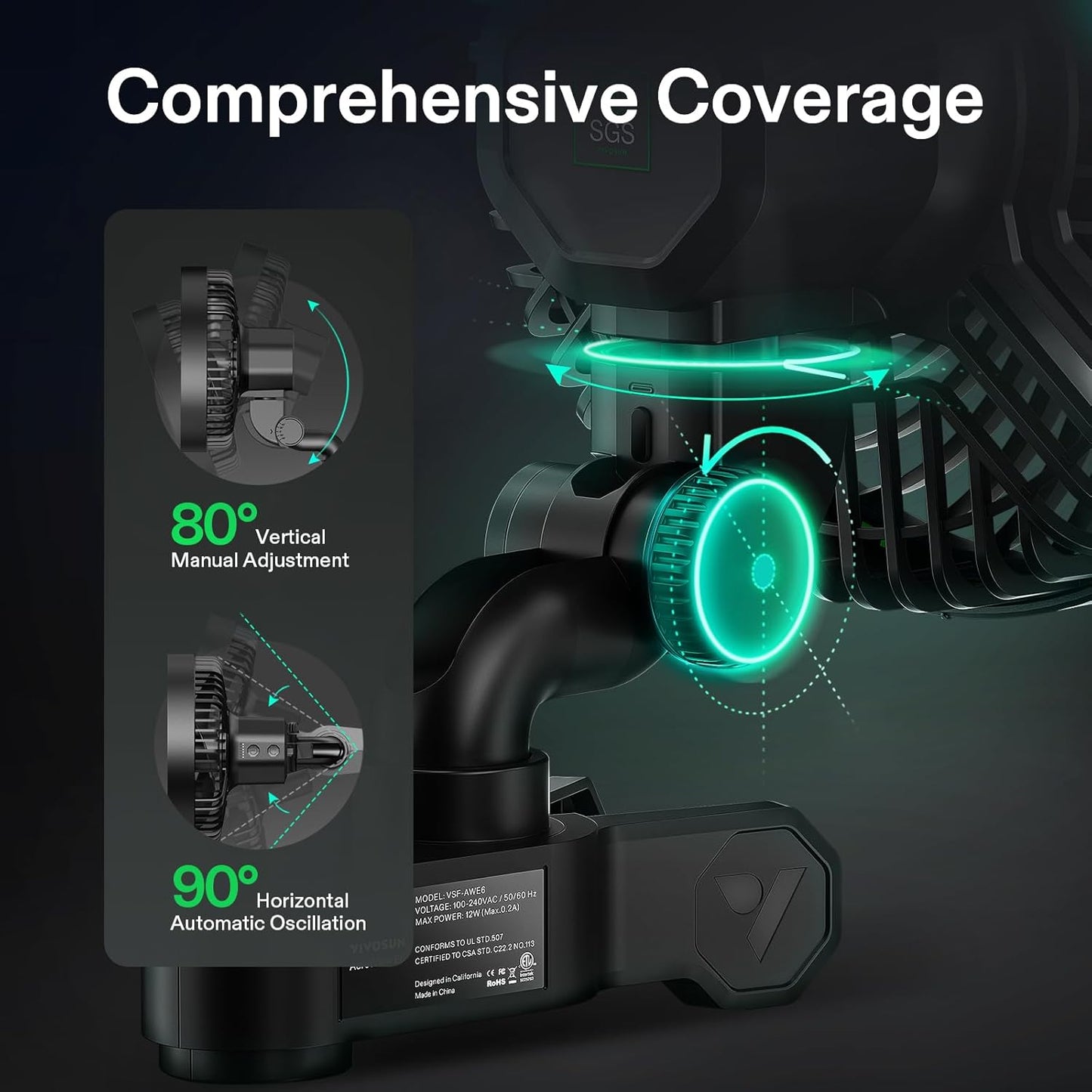 VIVOSUN AeroWave E6 Gen2, Grow Tent Clip Fan 6”, EC Motor, Smart Control, Powerful Oscillating Fan, Local Timer, Weatherproof IP54, for Hydroponics Circulation Cooling, Black