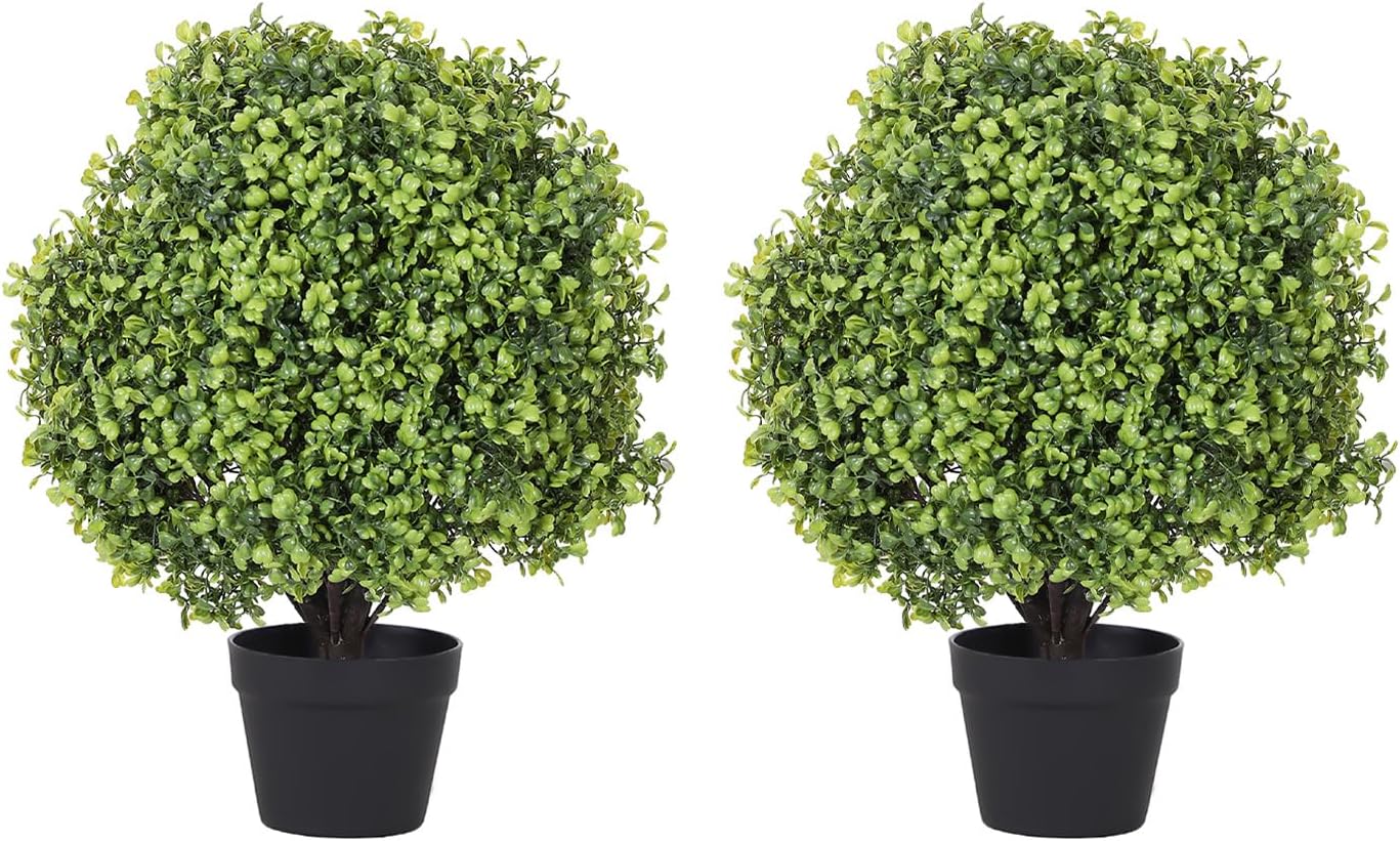 THE BLOOM TIMES 2ft Boxwood Topiary Ball Trees Artificial Outdoor Set of 2, 24" Faux Evergreen Plants Outside UV Resistant Greenery, Fake Potted Bushes and Shrubs for Front Porch Planter Patio Decor