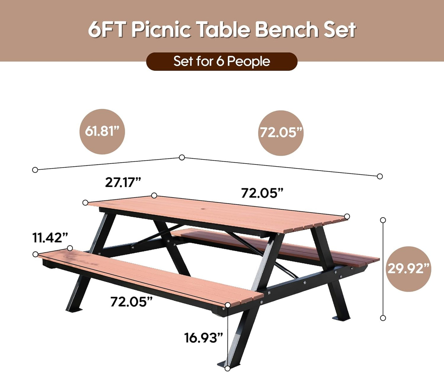 6FT Outdoor Picnic Table and Bench Set with 2" Umbrella Hole, WPC Tabletop Seattop Patio Dining Set for 6 People, Outdoor Dining Table and Chair for Park Garden Yard Patio- Brown