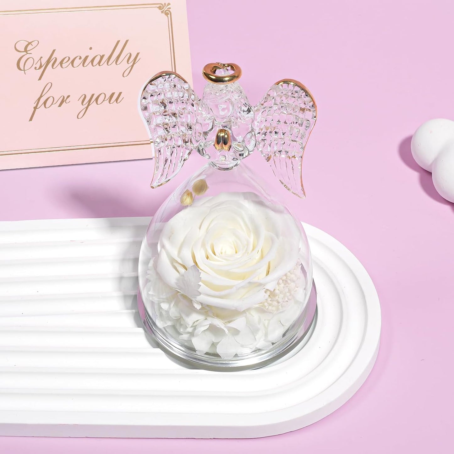 Yamonic Birthday Gifts for Women, Angel Figurines with Real Rose Gifts for Her Mom Grandma,Preserved Flowers Rose Angel Figurines for Mothers Day Christmas Anniversary Birthday Gifts for Her (White)