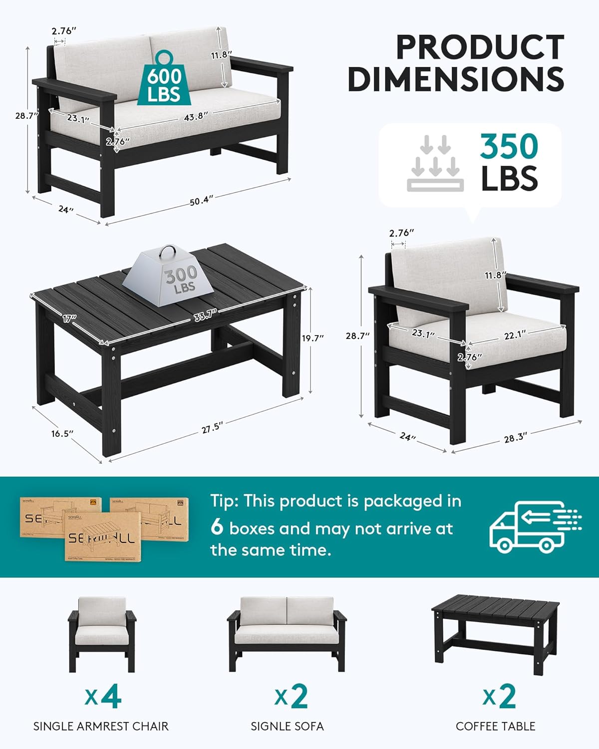 SERWALL 8 Pieces HDPE Outdoor Conversation Sofa Set with Cushions, All Weather Use Patio Couch Loveseat Furniture with Side Table for Balcony, Deck, Poolside, Black Frame with Khaki Cushions