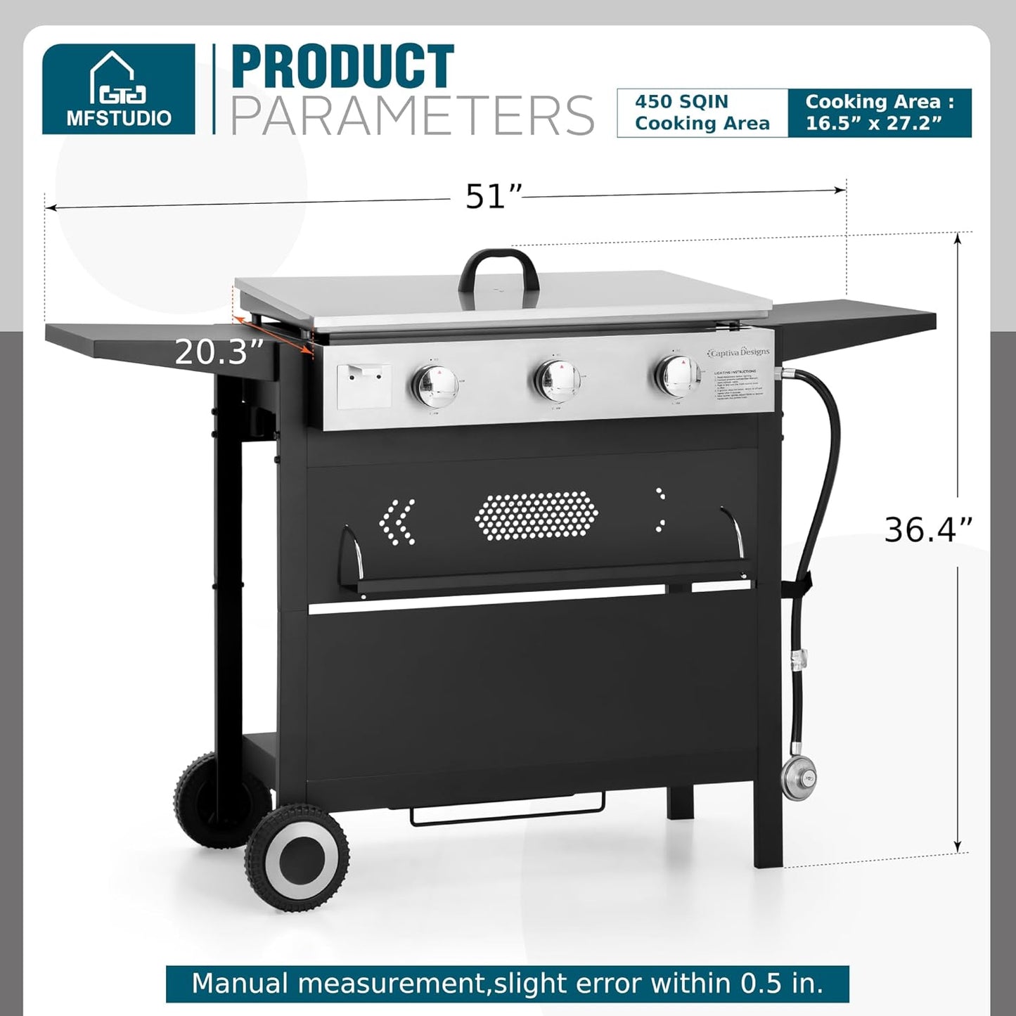 MFSTUDIO 27 Inch Flat Top Propane Gas Griddle Grill, Ceramic Coated Cast Iron Pan, Outdoor Flattop Grill with Lid for Cooking