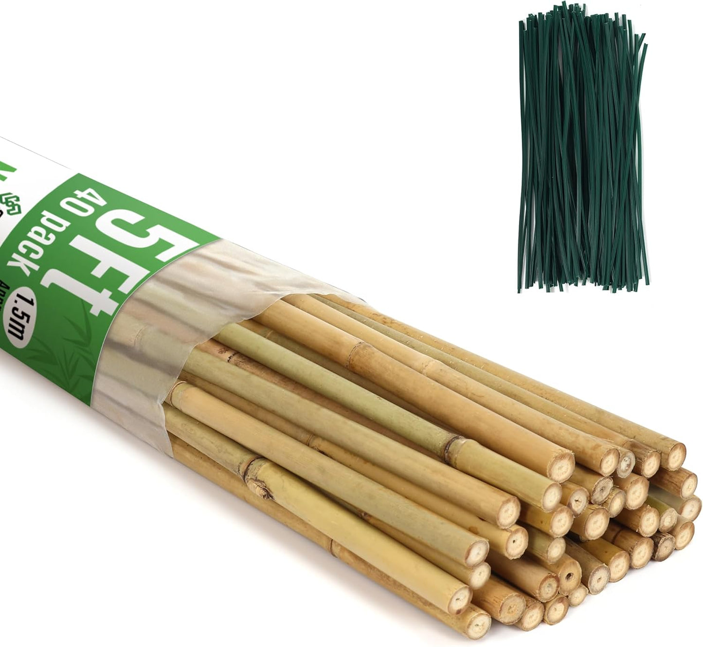 SWANGSA 40 Pack Bamboo Stakes for Plant 5 Feet(57.5inch), Bamboo Sticks Plant Support Garden Stakes Poles with 200pcs Twist Ties for Tomatoes, Beans, Potted Plants, Indoor and Outdoor Climbing Plants