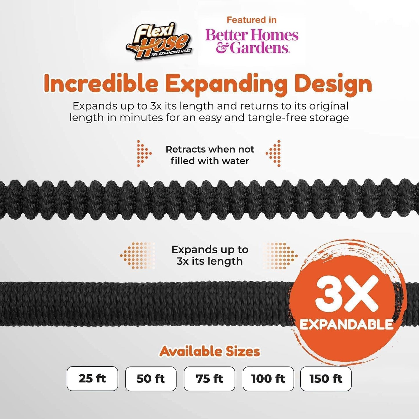 Flexi Hose PLUS with 8 Function Nozzle Expandable Garden Hose, Lightweight & No-Kink Flexible Garden Hose, 3/4 inch Solid Brass Fittings and Double Latex Core, 50 ft Black