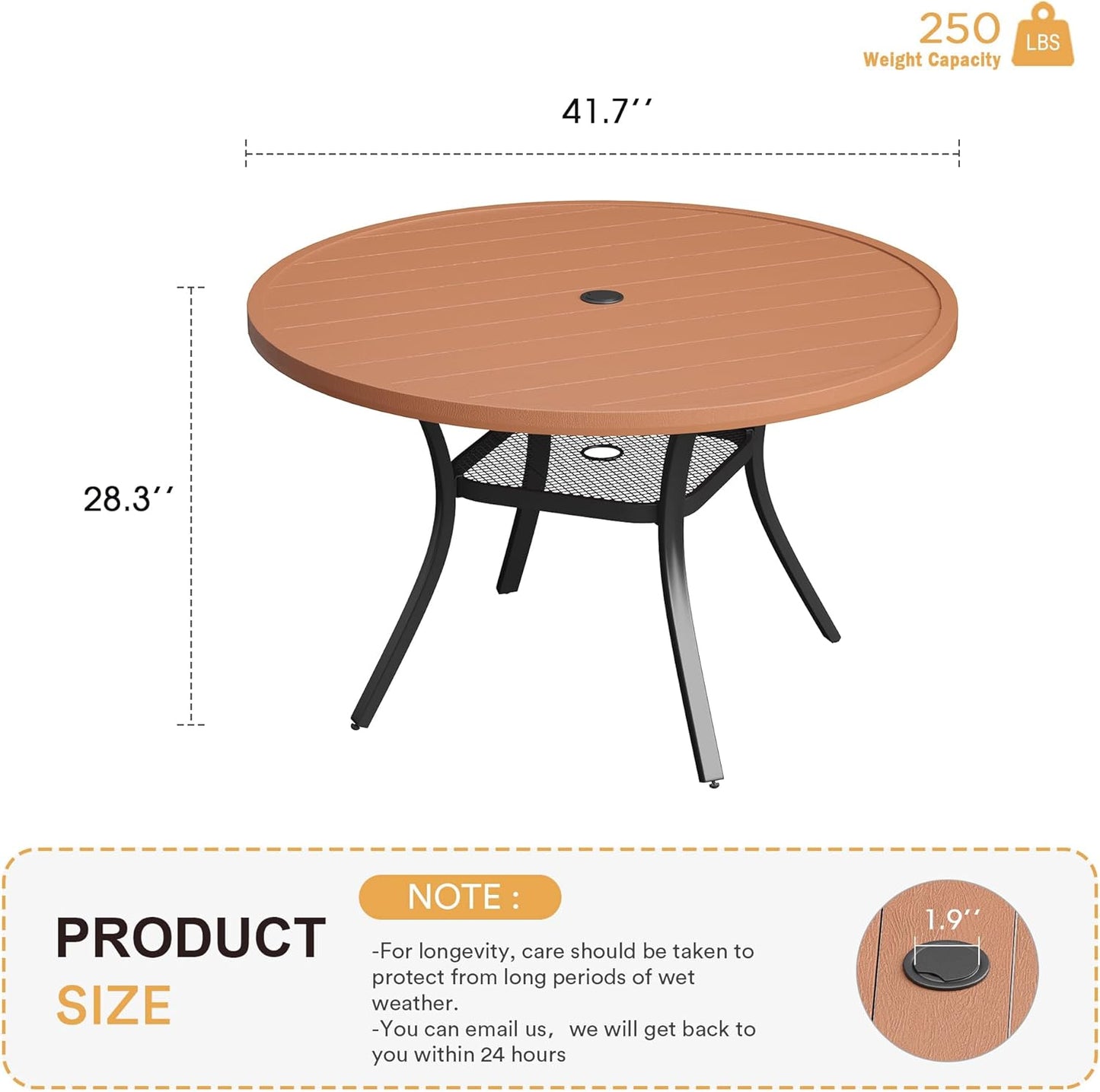 VICLLAX Round Patio Table with Adjustable Umbrella Hole for 4, All Weather Plastic Wood Grain Outdoor Dining Table for Lawn Garden, 41.7" Circle Outdoor Table, Walnut Tabletop