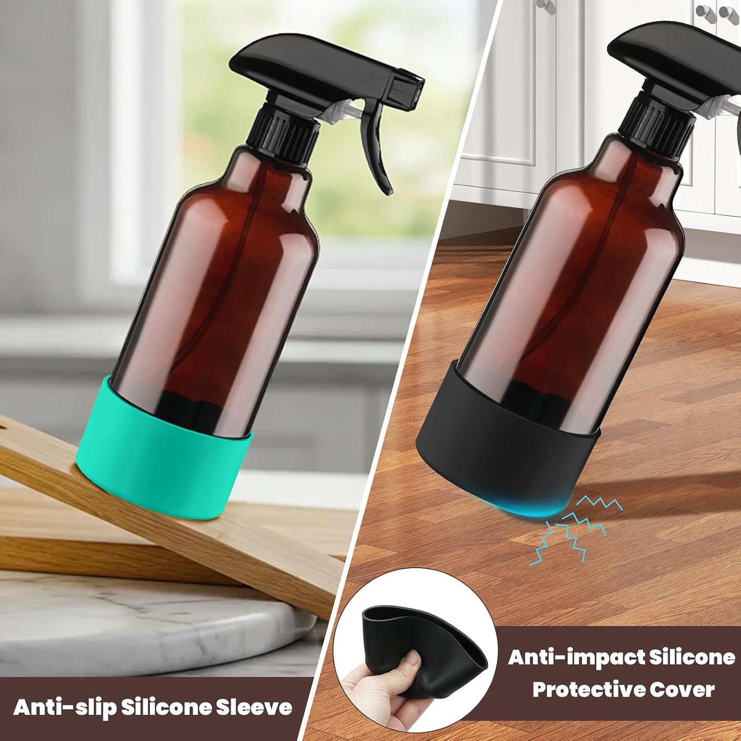 Glass Amber Spray Bottles with Silicone Sleeve, 2 Pack 16.9oz Refillable Containers with Adjustable Spray Nozzles, Empty Spray Bottle for Cleaning Solutions, Hair, Plants, Essential Oils (Black+Green)