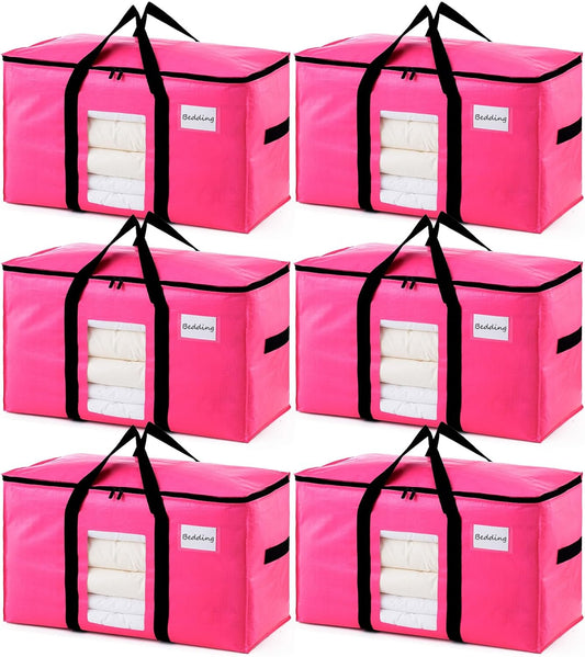 TAILI 6 Pack Pink Extra Large Moving Bags, Heavy Duty Totes with Visible Window, Wrap Around Handles, Space-Saving Storage Solution, Alternative to Moving Boxes