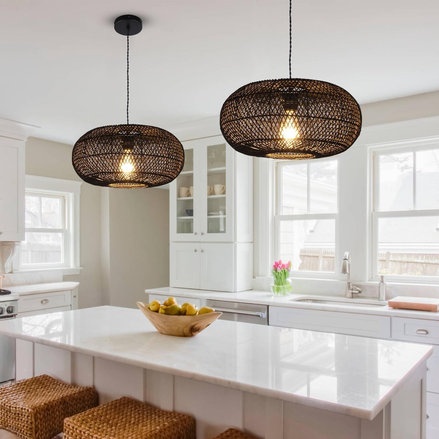 Rattan Pendant Light 15.75" 1-Light Hand-Woven Bamboo Rattan Hanging Lamp Large Globe Wicker Chandelier Modern Bohemian Adjustable Pendant Lamp for Kitchen Island Farmhouse Outdoor Porch Black.…