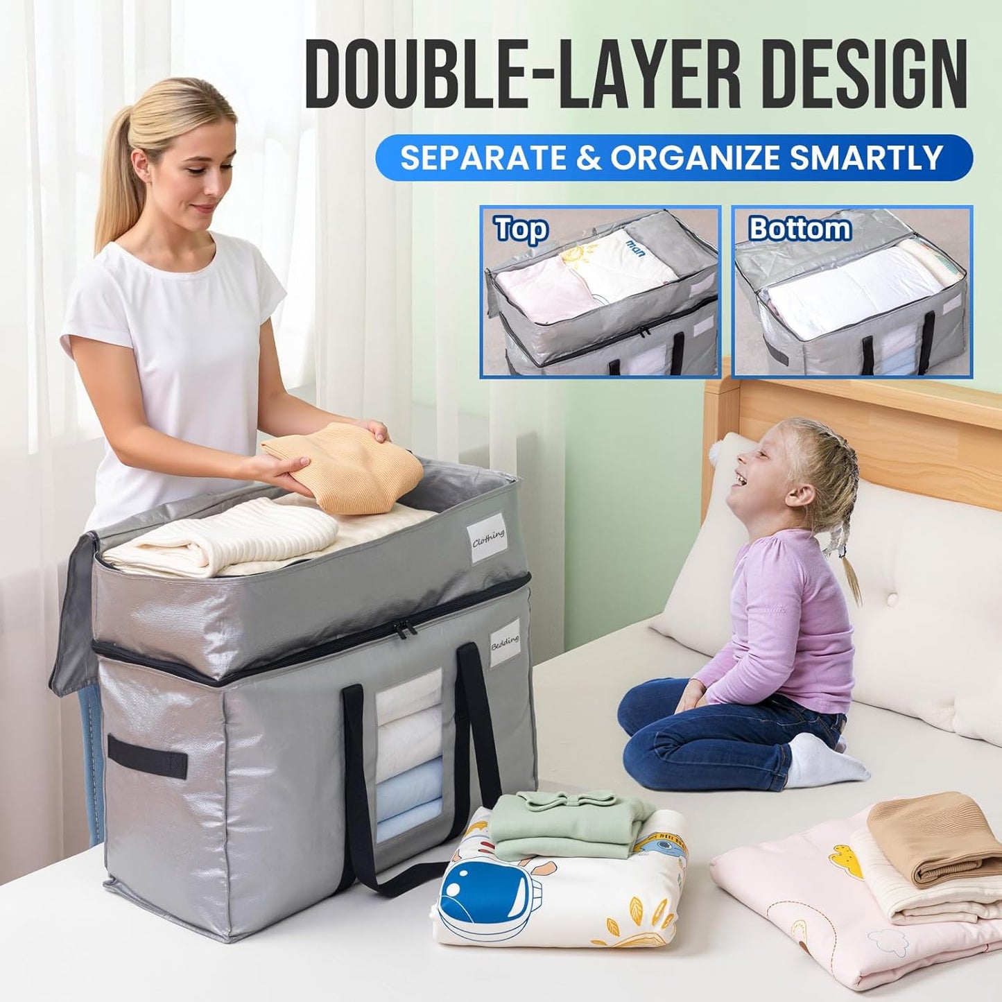 TAILI 2 Tier Extra Large Moving Bags, 4 Pack Silver Heavy Duty Totes For Storage with Visible Window, Wrap Around Handles, Storage Bags for Space Saving, Alternative to Moving Boxes