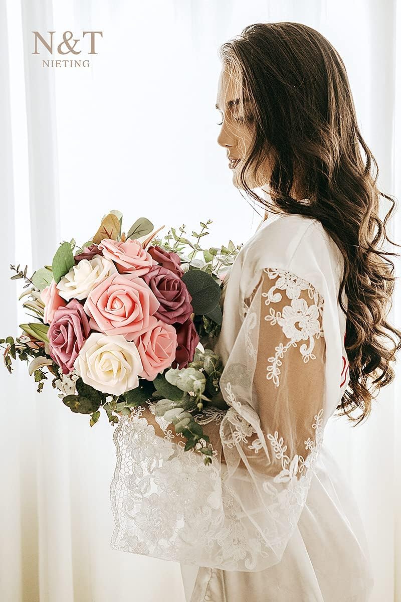 N&T NETING Artificial Flowers Roses 25pcs Real Looking Fake Spring Roses Stem for DIY Wedding Bouquets Centerpieces Arrangements Home Decorations Party Baby Shower Shades of Dusty Rose, Pink & Cream