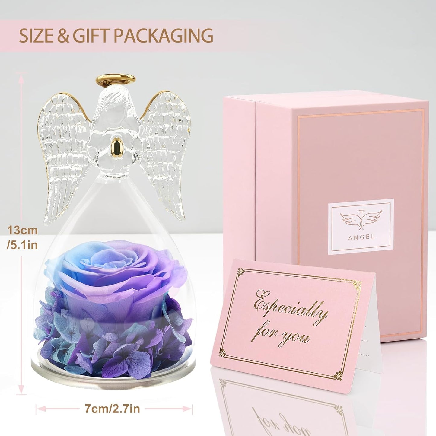 Yamonic Gifts for Mom Birthday,Angel Figurines with Real Rose Gifts for Her Mom Grandma,Preserved Flower Rose for Valentines Day Mothers Day Christmas Anniversary Birthday Gifts for Women(Blue-purple)