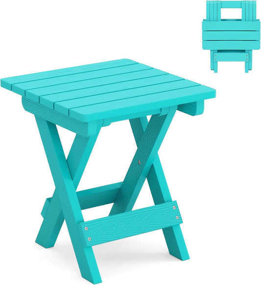 LUE BONA Small Outdoor Folding Side Table, HDPS Outside End Table for Patio, Porch, Deck, Pool, 14 Inch Height, Aruba Blue