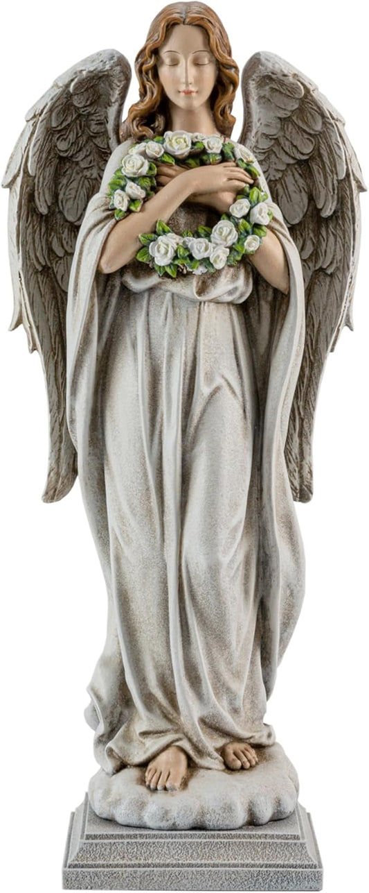 Garden Angel with Flower Wreath Statue - 16" Outdoor Memorial Angel Decor