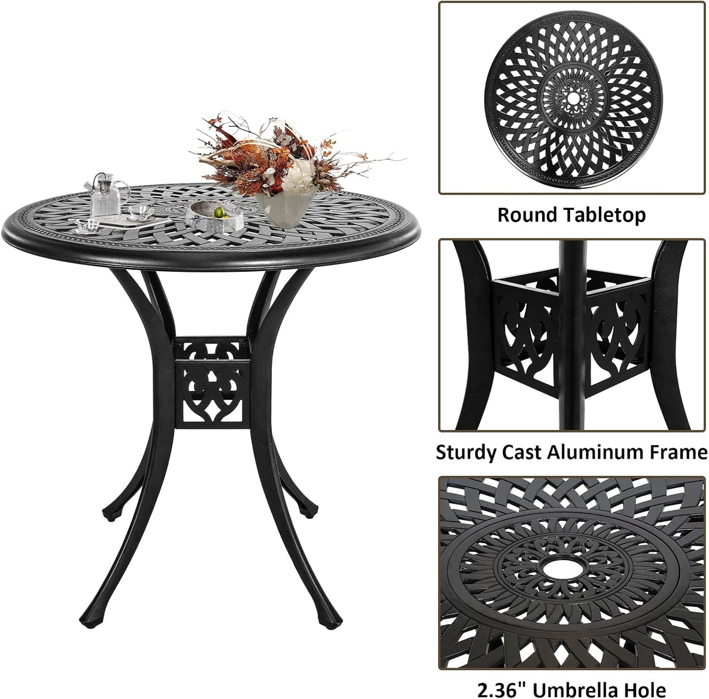 5 Piece Patio Dining Set, All Weather Cast Aluminum Outdoor Dining Table and Chairs Set of 4, Patio Furniture Conversation Set with 4 Chairs and 30.31" Round Table, 2.36" Umbrella Hole