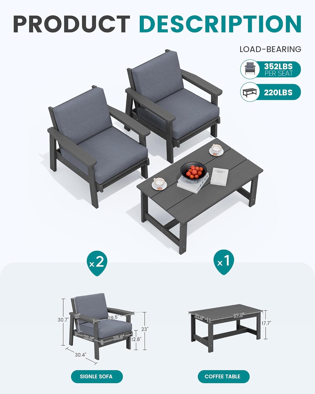 SERWALL HDPE Outdoor Couch, Grey Frame and Grey Cushion