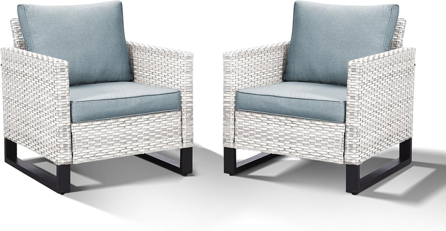 HUMMUH Outdoor Chairs PE Wicker Patio Dining Chairs Set of 2 Metal Frame Porch Chairs with 4 inch Seat Light Blue Cushions