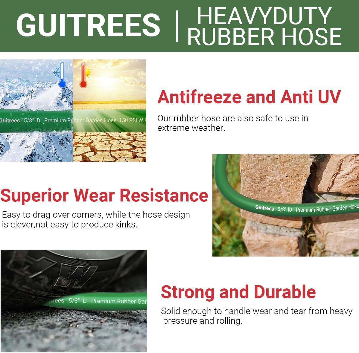 150ft 5/8 Heavy-Duty Rubber Garden Hose - 200psi Working, 1000psi Burst - Hot/Cold Water - Five-Layered Braiding for Durability - Versatile for Gardening, Agriculture, Construction (Green)