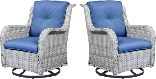 Outdoor Swivel Rcoker Patio Chairs - Outdoor Swivel Patio Chairs Set of 2 Wicker Chair Patio Furniture Sets with Covered Cushion for Porch Deck Balcony Garden, Blue Cushion