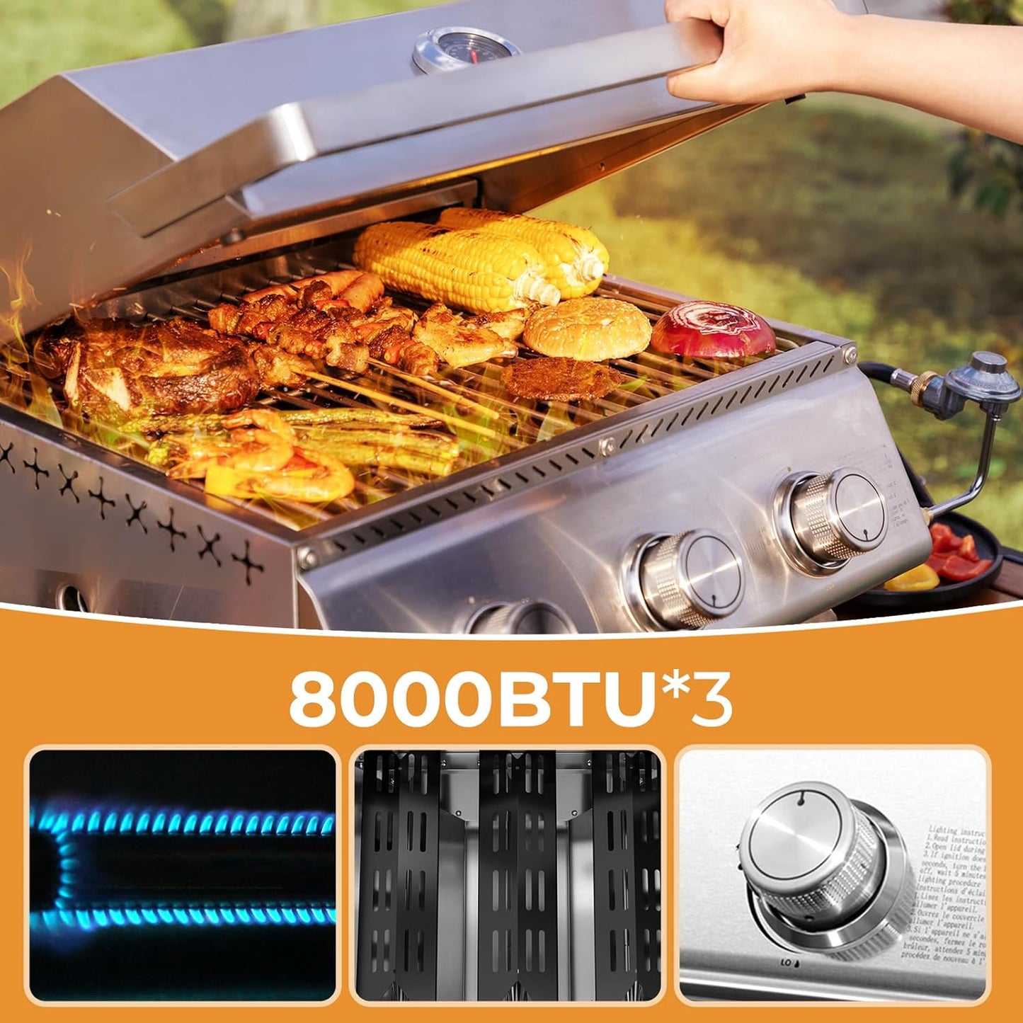 R.W.FLAME Premium 3 Burner Tabletop Propane Gas Grill Stainless Steel Portable Outdoor BBQ Grill with Griddle,24,000 BTU Multi-Zone Cooking,Built-in Thermometer,Backyard,Camping & Patio Gatherings