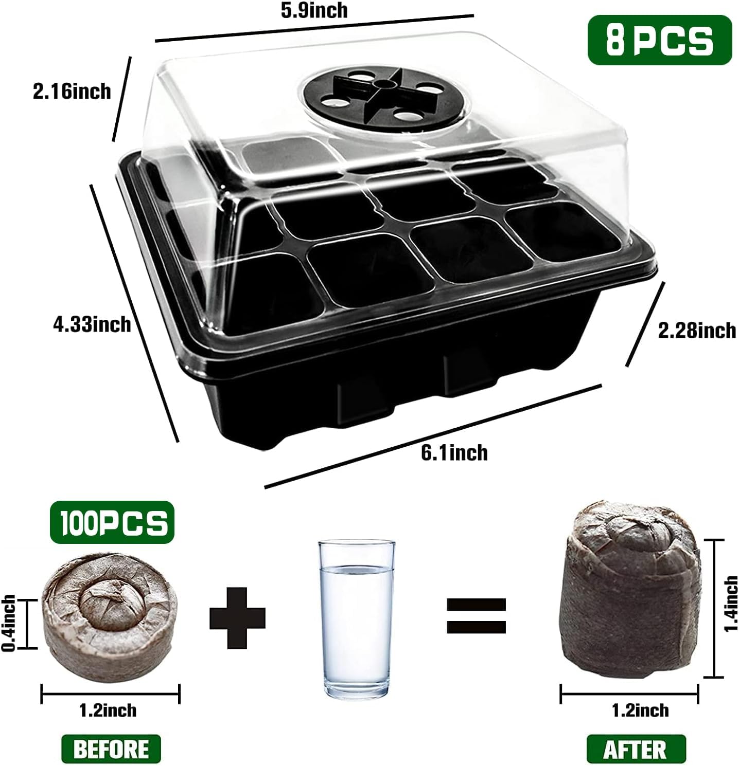 Halatool Seed Starter Kit 8 Pack 96 Cells Black Seed Starter Tray with 100 PCS Peat Pellets for Seedlings Organic Seed Stater Soil Pods for Planting Vegetables Plant, Flowers