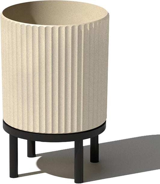 Veradek Demi Series Round Planter w/ Stand for Porch/Patio | Durable Plastic-Concrete & Wooden Stand | Modern Décor for Tall Plants, Flowers