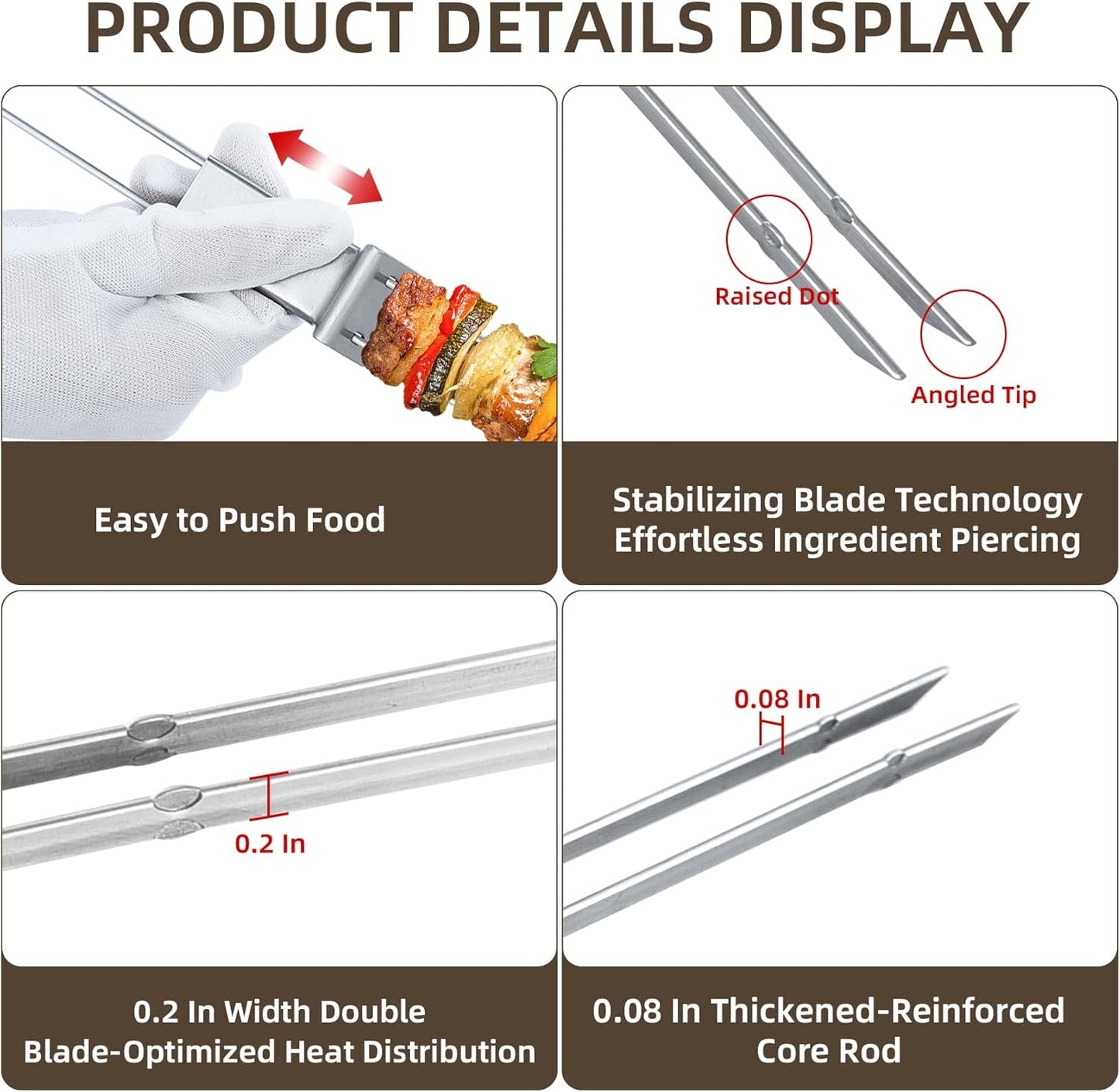 13inch 10(packs) Double Fork Flat Stainless Steel BBQ Skewers with Push Bar, Reusable Skewers for Grilling for Meat, Vegetable, BBQ Accessories