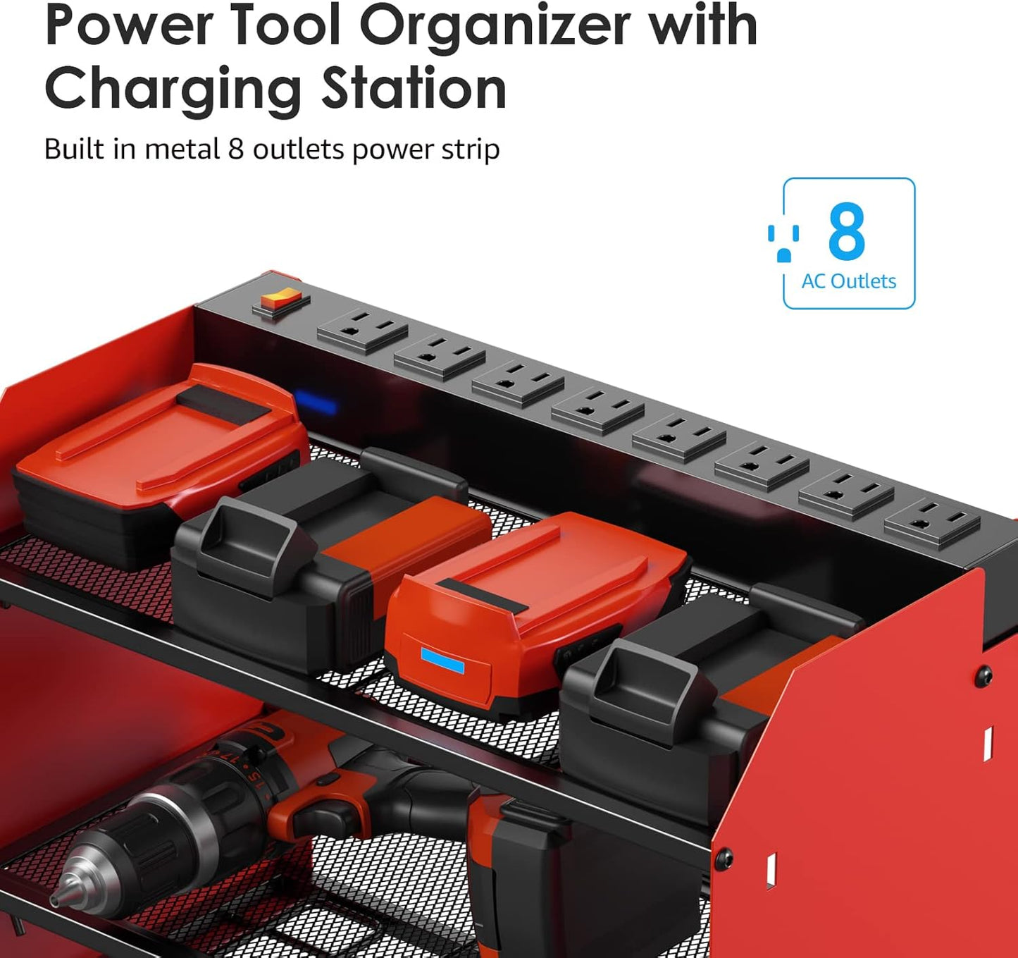CCCEI Modular Power Tool Organizer Wall Mount Charging Station, Red 6 Drills Holder with 8 Plug Power Strip, Garage Drill Battery Heavy Duty Metal Shelf, Utility Rack with Hooks, Side Storage.