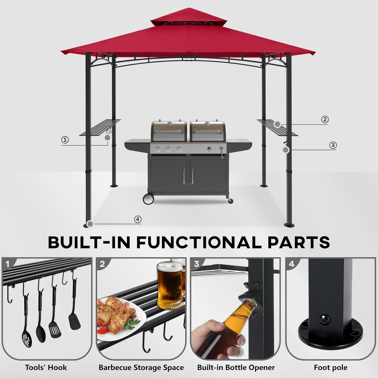 COOSHADE 8'x 5' Grill Gazebo Double Tiered Outdoor BBQ Gazebo Canopy with LED Light (Burgundy)
