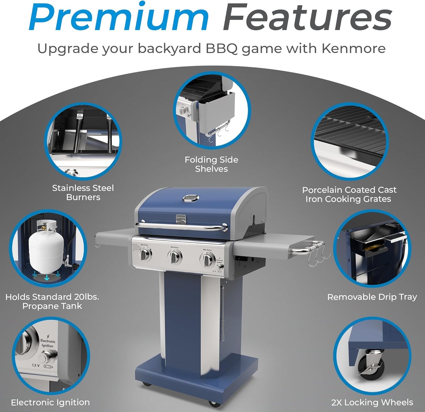 Kenmore 3-Burner Propane BBQ Grill, 30,000 BTUs Gas Grill with Cast Iron Cooking Grates, Folding Side Tables & Wheels, Outdoor Grill with Tool Hooks, Azure Blue
